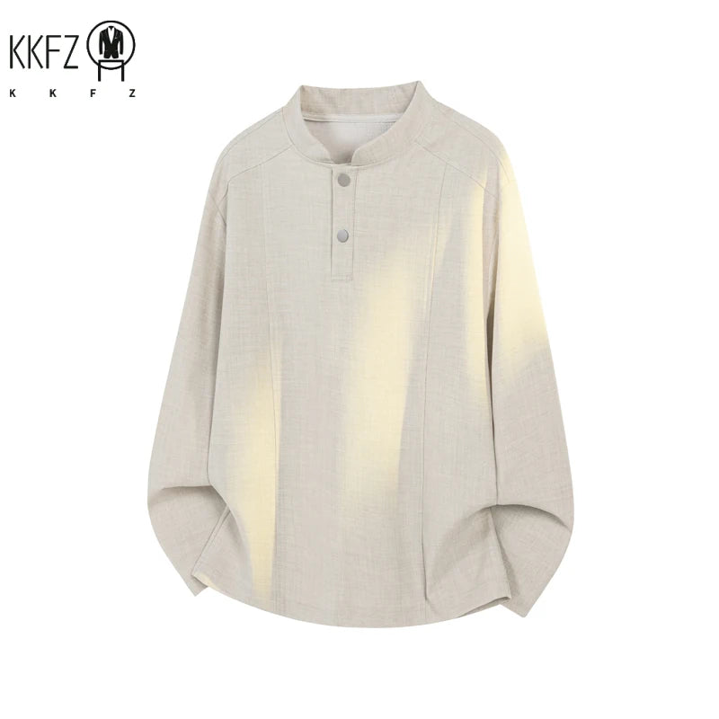 Mens Stand Collar Long Sleeve Top Partial Button Closure Decorative Seam Craft Loose Fit For Office Commute Leisure Outfit