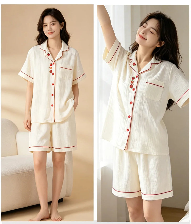 100% Cotton Pajamas for Woman Nightwear Cardigan Lapel Short Sleeve Top Two Piece Loungewear Sleepwear Women's Cotton Pijama