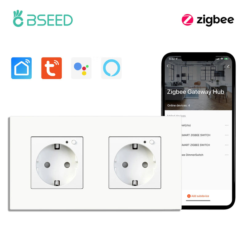 BSEED ZigBee Smart Socket Double Power Outlet Smart Wall Socket Plastic Frame Tuya Google Home Smart Life Control Blue Backlight