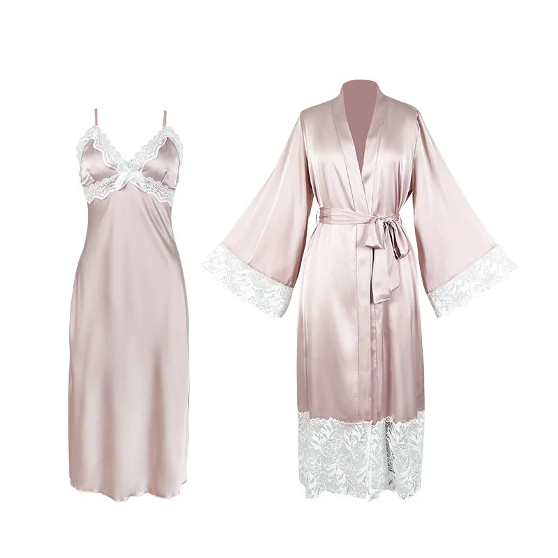 Fashion Satin Suspender Night Dress Sexy Lingerie Sleeping Set Sleepwear Women's Pajamas And Robes Nightwear For Woman Suit