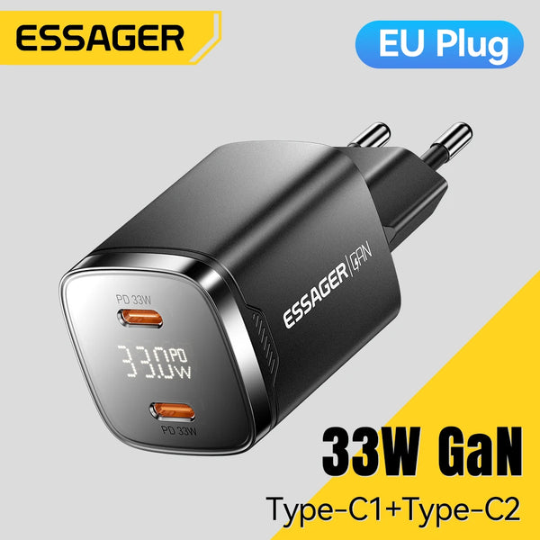 ឆ្នាំងសាក Essager 33W GaN Dual USB Type C PD សាកថ្មលឿនសម្រាប់ iPhone 17 16 15 14 13 Pro Max iPad ឆ្នាំងសាកទូរស័ព្ទអេក្រង់ឌីជីថល