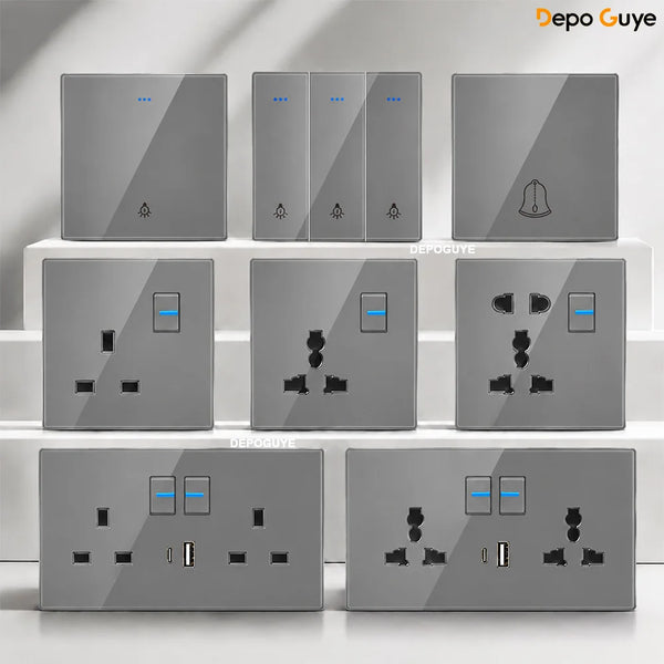 Grey Tempered Glass UK Standard 13A Wall Switch Socket with LED USB Type-C TV CAT6 Data Outlet British Electrical Wall Panel