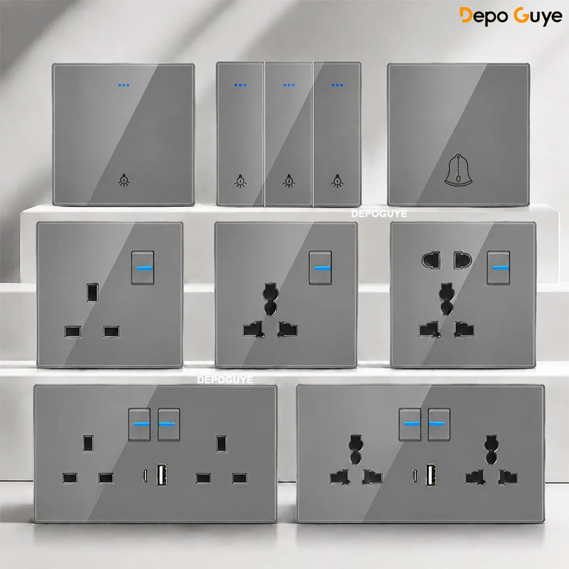 Grey Tempered Glass UK Standard 13A Wall Switch Socket with LED USB Type-C TV CAT6 Data Outlet British Electrical Wall Panel