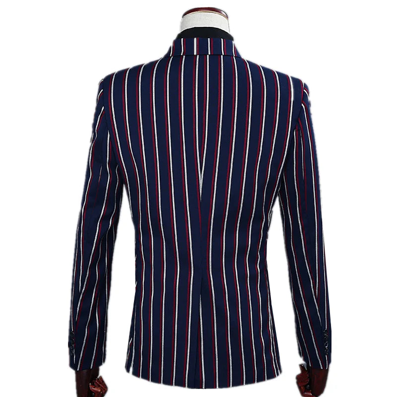 Navy Blue Mens Double-breasted Suit Two-piece Set, White Vertical Striped Jacket Paired with Matching Trousers, Asian Size S-XXL