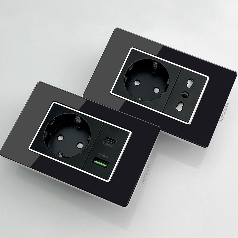 Type 118 Black Tempered Glass Panel EU Wall Light Switch,Europe Wall Socket With USB Type-c 18W Quick Charge Outlet 118*75mm