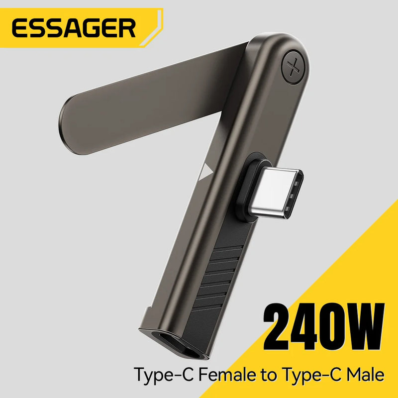 អាដាប់ទ័រសាកថ្មលឿន Essager 240W 2-in-1 ជាមួយជើងទម្របត់បាន Type-C បុរសទៅ Type-C ស្ត្រីសម្រាប់ iPhone 17 16 15 Pro