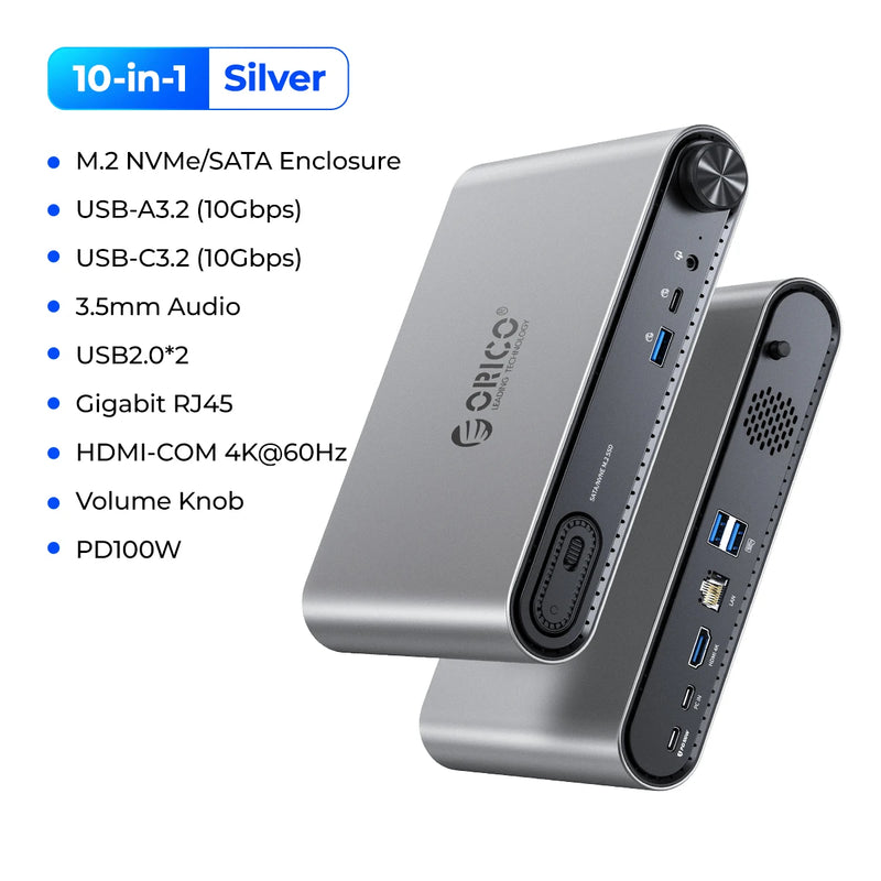 ORICO M.2 SSD Enclosure with 10-in-1 Type-C Docking Station PD100W Charging Ethernet 4K60Hz HDMI-com 3.5mm for PS5 Steam