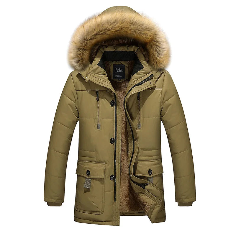 Men's Winter Black Hooded Parkas Jacket, Fake Fur Collar Thick Coats, Fashion Warm Outerwear Male Overcoat Blue Red Jaqueta