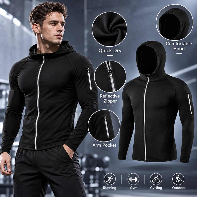 Men's Spring Fall Tight Compression Hooded Jacket Sports Hoodie for Fitness Jogging Running Outdoor Casual Wear, Black Grey Blue