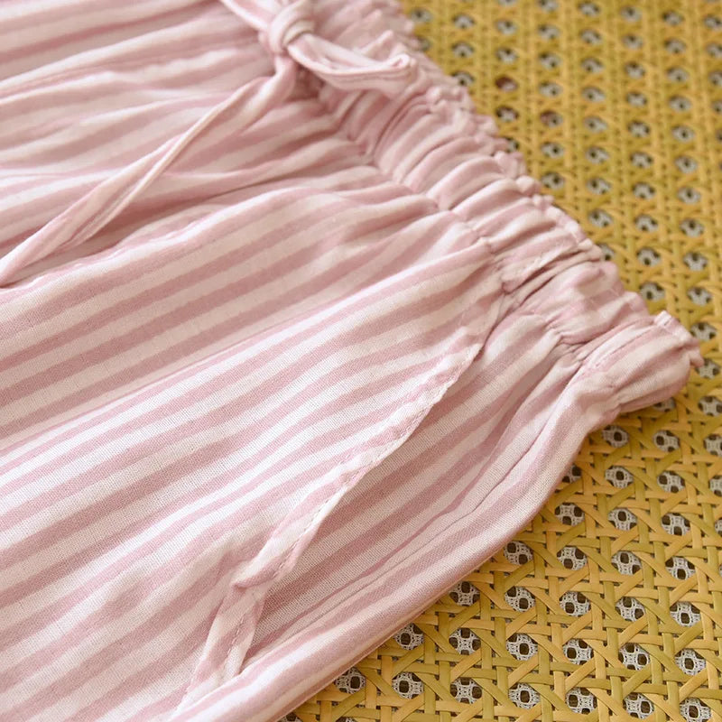 Loose Long Trousers Multi Colors Women's Spring Autumn Striped Printed Thin Pajama Pants Double Layer Gauze Cotton Homewear