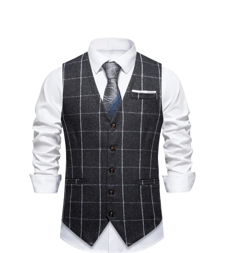 Men's Black Suit Vest; White Checkered Single-breasted V-neck Sleeveless Vests; European Sizes.