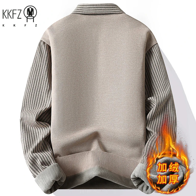 Men Daily Wear Knit Pullover Fake Two Piece Design Striped Long Sleeve Lapel Shirt Style V Neck Knitted Sweater
