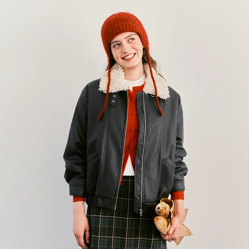 Semir Women Jacket PU Faux Leather Faux Shearling Panelled Design Turn Down Collar Oversized Fit Urban Casual Style 2026 Winter