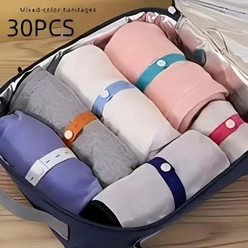 30pcs Adjustable Buckle Straps – Roll-up Clothing Storage, Luggage & Drawer Space Savers, Wardrobe Organizer