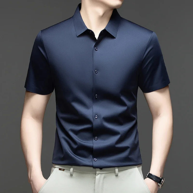 Mens Casual Short Sleeve Button Down Shirt Ice Silk Lightweight Breathable Wrinkle Resistant Summer Top