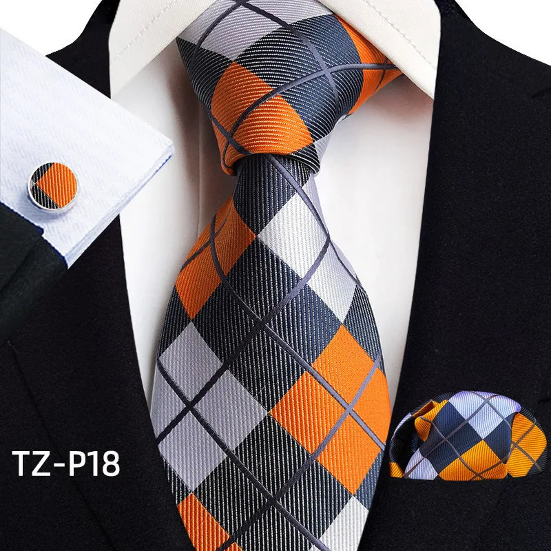 2026 New Men's Jacquard Fabric Tie Set Perfect for Business/Banquets/Formal Wear/Weddings. (Tie + Pocket Square + Cufflinks)