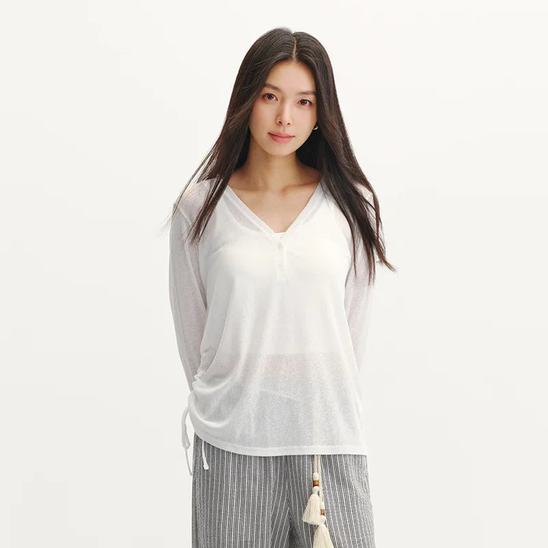 Semir Women Tshirt Solid 2026 V Neck Linen Look Loose Fit Drawstring Urban Casual Everyday Style Soft Comfortable Daily Wear