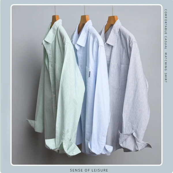 Spring Autumn Simple Striped 100% Cotton Long Sleeve Shirts for Men Clothing Casual Big Pocket Tops FY9920