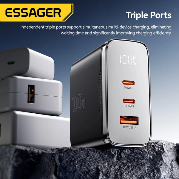 ឆ្នាំងសាក Essager 100W GaN USB Type C ឆ្នាំងសាកឌីជីថល PD QC ឆ្នាំងសាក USB ចល័តសម្រាប់ iPhone 17 16 15 Xiaomi Macbook Laptop