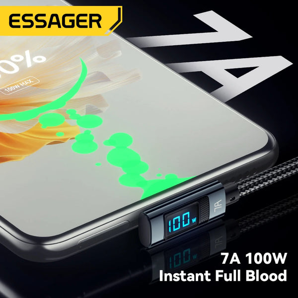 Essager 7A 100W USB C Cable Fast Charge Digital Display Elbow Type C Cable for Huawei Mate60 Pro Xiaomi Samsung Vivo Data Cord