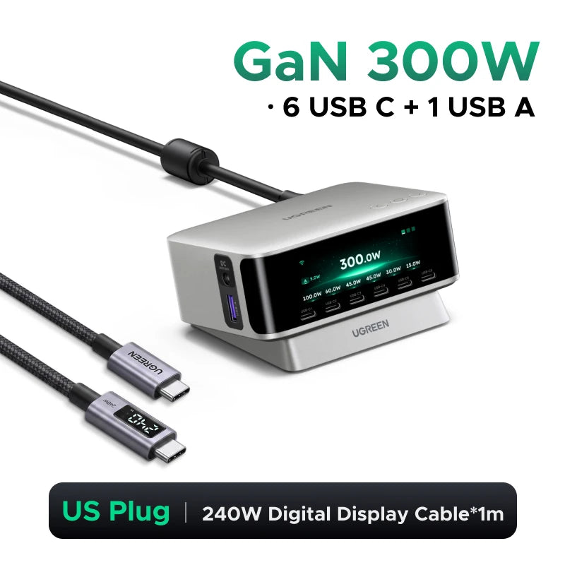 UGREEN 300W GaN Charger With Smart Display PD 3.1 7 IN 1 Desktop Charging Station For MacBook Air Pro Laptop iPhone Samsung iPad