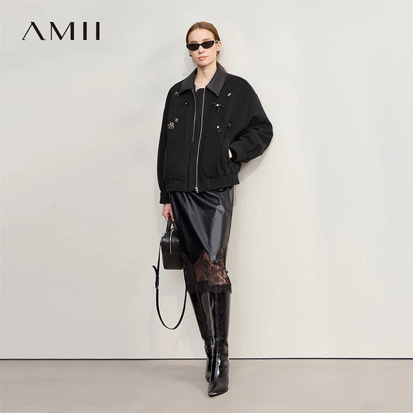 AMII Women's Jacket 2025 Winter New Loose Medium And Long PU Leather Top Female Lapel Warm Versatile Woolen Coat Woman 12554053