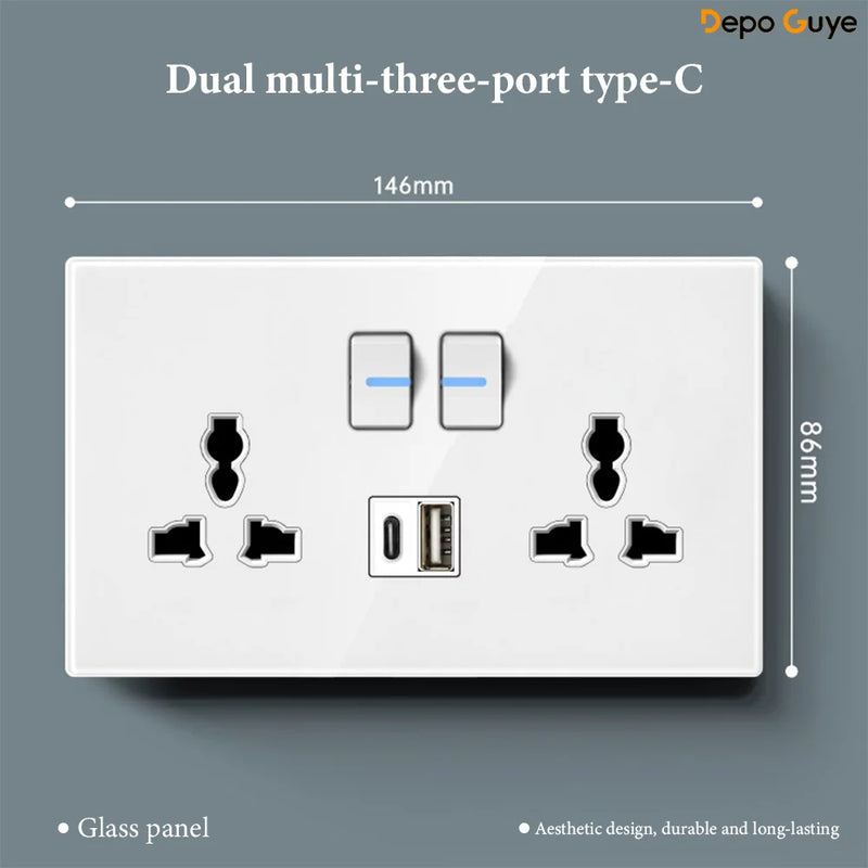 White UK 230V Tempered Glass Touch Light Switch Socket LED Wall Panel Smart Home Switches Socket Manufacturer Wholesale Supplier