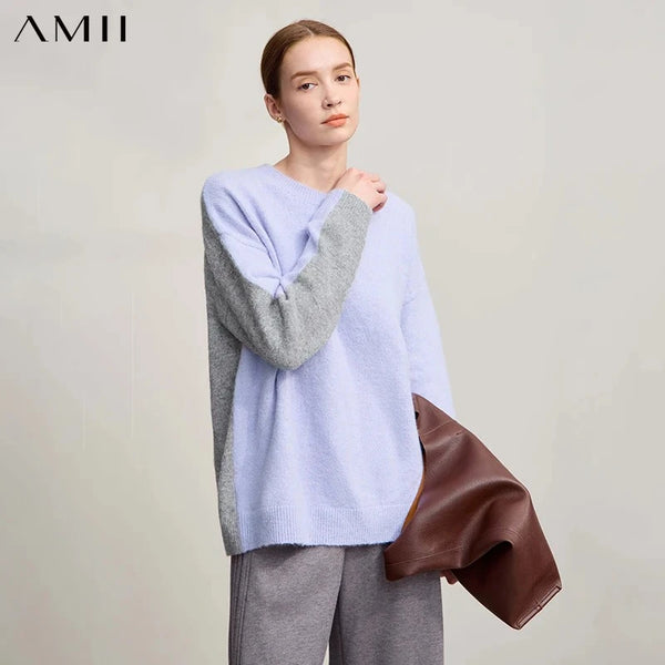 AMII Sweater For Woman 2026 Winter New O-Neck Long Sleeve Loose Patchwork Women's Sweater Pullover Knitted Top Female 12544170