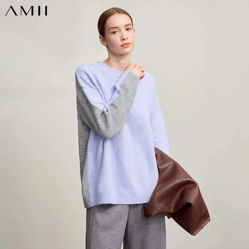AMII Sweater For Woman 2026 Winter New O-Neck Long Sleeve Loose Patchwork Women's Sweater Pullover Knitted Top Female 12544170