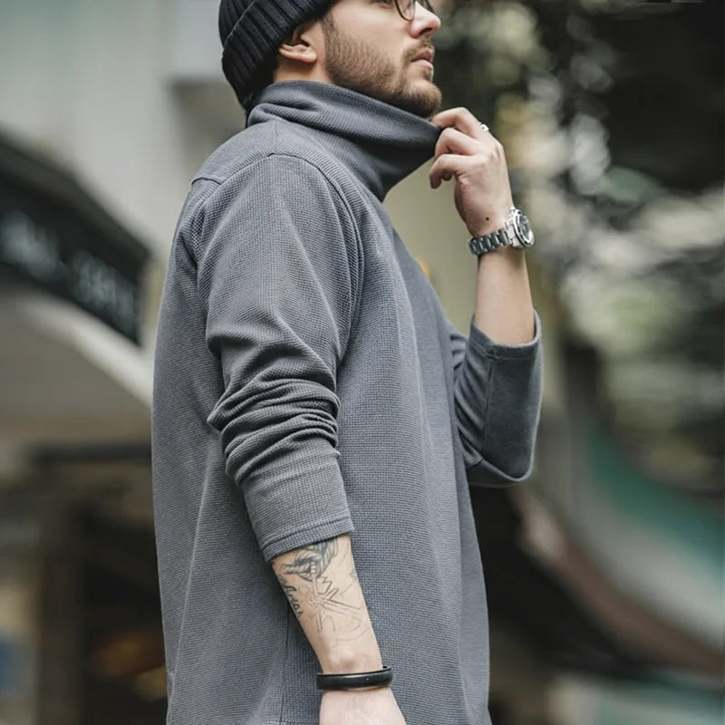 Maden Casual Gray Knitted Turtleneck Sweaters Men's Vintage 310g High Collar Waffle Pullovers Basic Fashion Black Warm Jumper