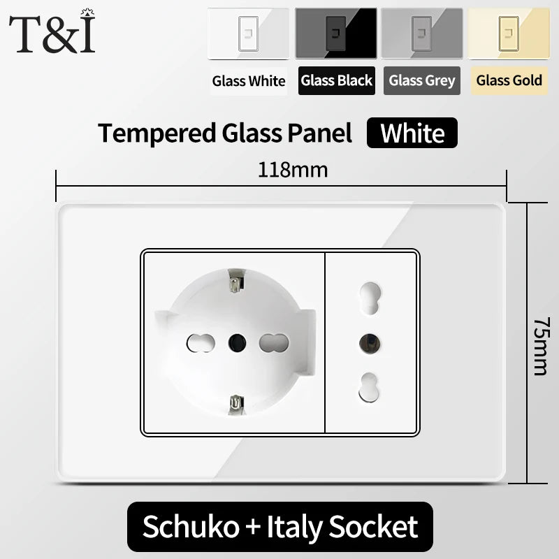 T&I Wall Switch Sockets With USB TypeC  Fast Charging, Italy Socket , Chile Schuko Outlet, Tempered Glass Panel for Home