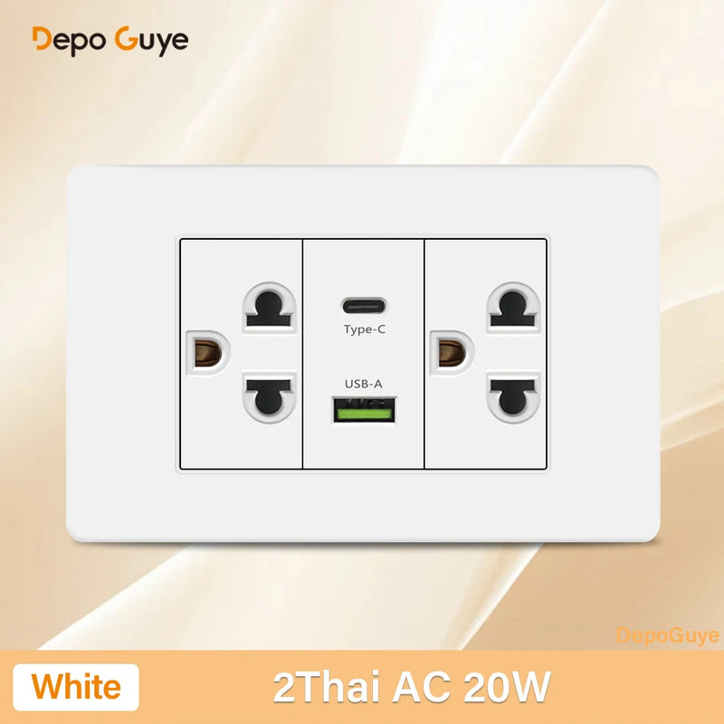 Italy Chile Mexico USB Smart Type-c 20W Fast Charging Wall Outlet plug,Brazil Electric Light Switch Panel Universal usb c Socket