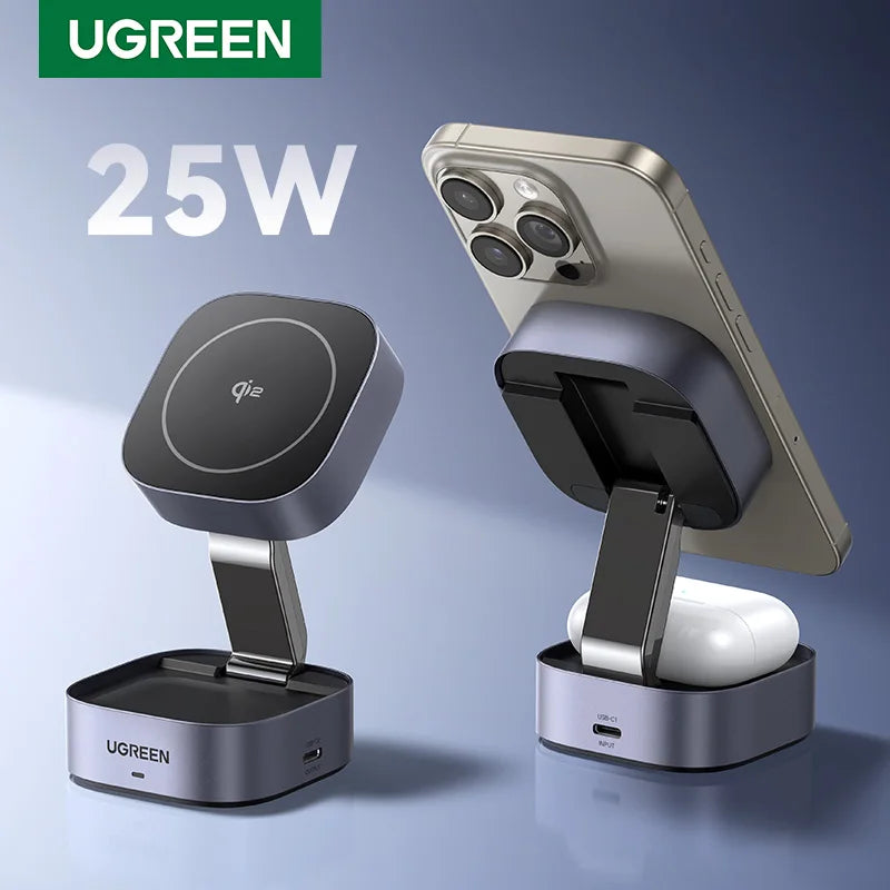 UGREEN Qi2 15W Magnetic Wireless Charger Stand 2-in-1 Charging Stand For iPhone 16 17 Pro Max/AirPods For MagSafe Fast Charger