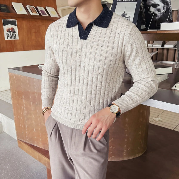 New Winter Collection of Men's Long-sleeve Pullovers: Stylish, Slim-fit Crew-neck Sweaters with Vertical Stripes for Warmth.