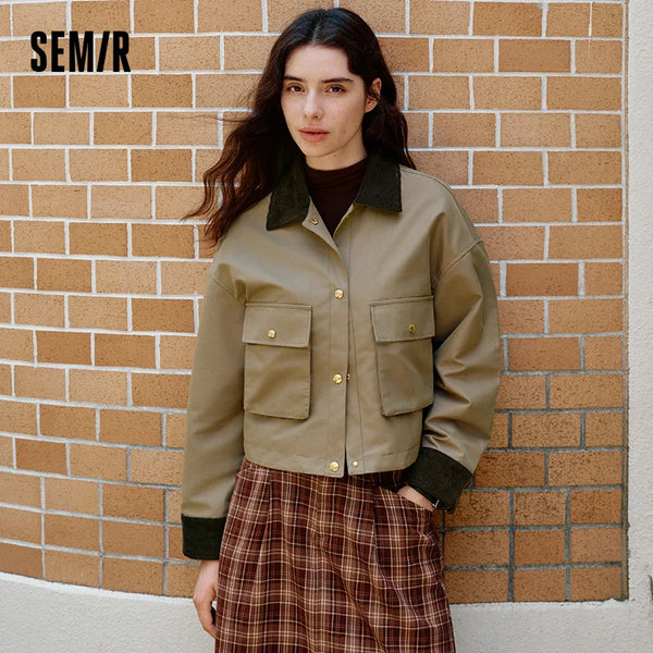 អាវក្រៅស្ត្រី Semir ធន់នឹងទឹក ធន់នឹងខ្យល់ ធន់នឹងស្នាមប្រឡាក់ កអាវ Corduroy ពណ៌ចម្រុះ អាវក្រៅខ្លីរលុងសម្រាប់រដូវស្លឹកឈើជ្រុះ ឆ្នាំ២០២៦