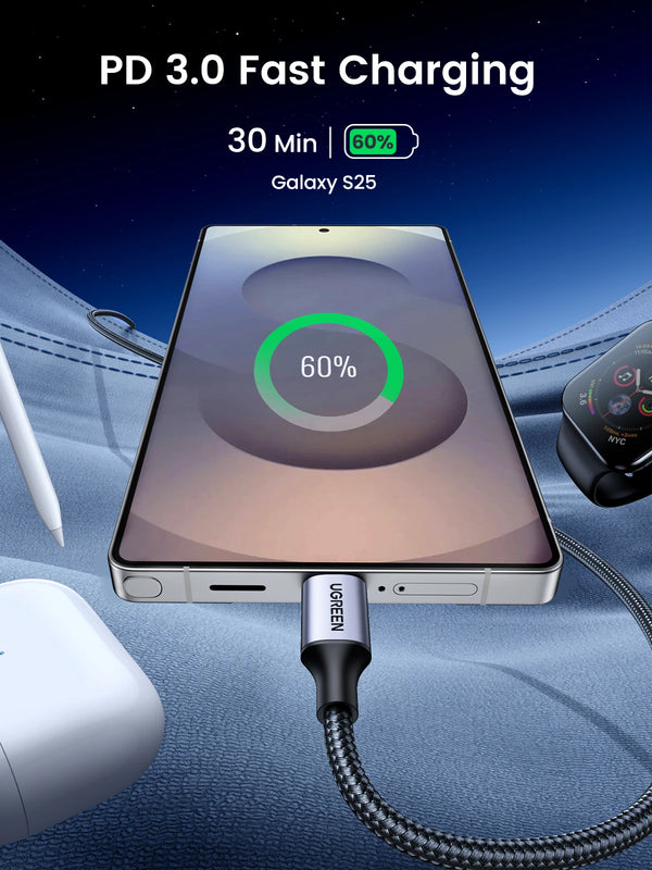 ខ្សែសាកលឿន UGREEN PD3.0 60W USB Type-C ទៅ USB-C សម្រាប់ iPhone 17 16 MacBook Air iPad Samsung Xiaomi USB Fast Charger Cord
