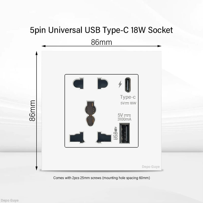 UK 13A Wall Socket with USB Type C 18W Quick Charge Power Outlet,Universal Electrical  Wall Light Switch Dual 3-pin Socket 220V