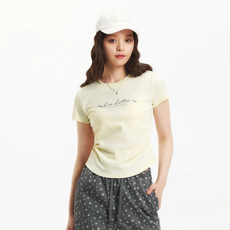 Semir Womens Tshirt 2026 Short Style Slim Printed Regular Shoulder Ruched Waist Slim Fit Casual Soft Daily Wear