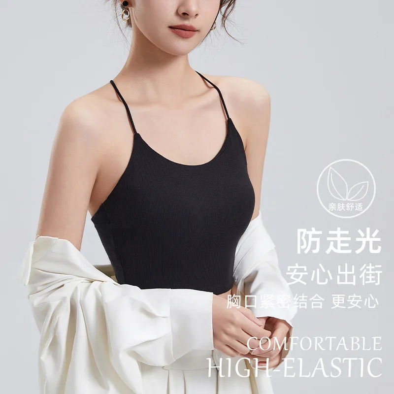 One Piece Beautiful Back Underwear Chest Pad Umbilical Sling Vest Women's Sleepwear Base Shirt Modal Female Pajamas Tops