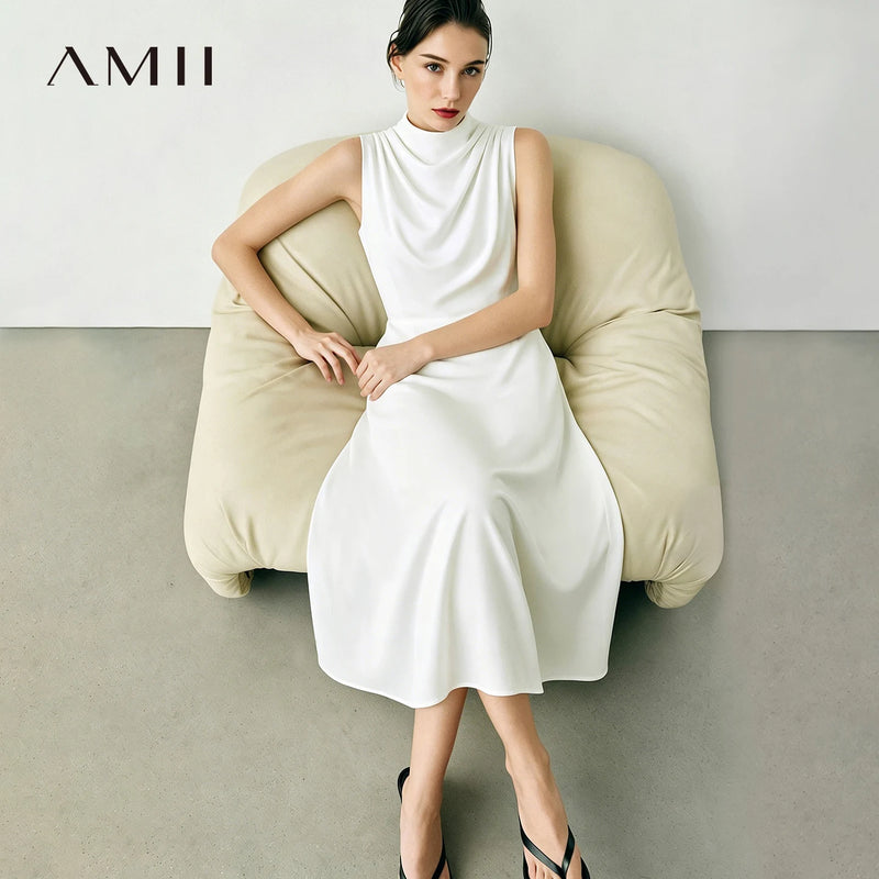 Amii Satin Women's Dress 2026 Summer New Solid Color Sleeveless Elegant Cowl Neck Casual  A-Line Midi Dress for Women 12642219