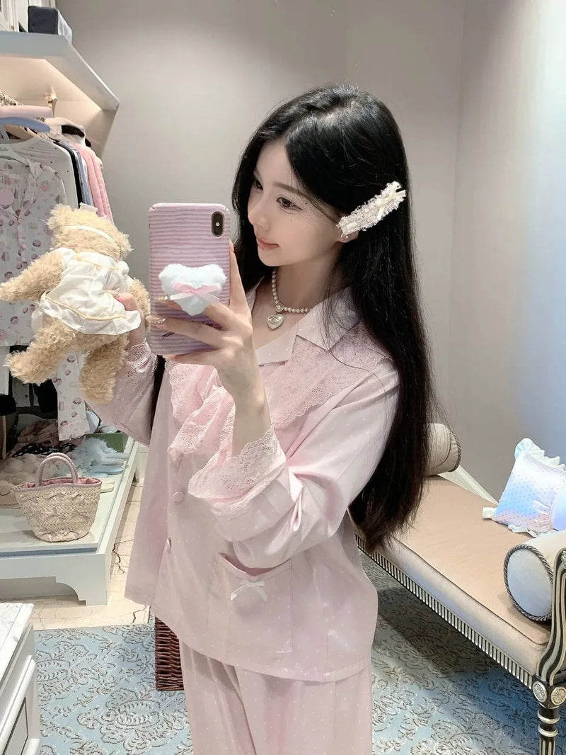 Women's Home Clothes Long Sleeve Top Trousers Sleepwear Female Nightwear Home Suit Spring Autumn 2PCS Pajamas Set Pijamas Suit
