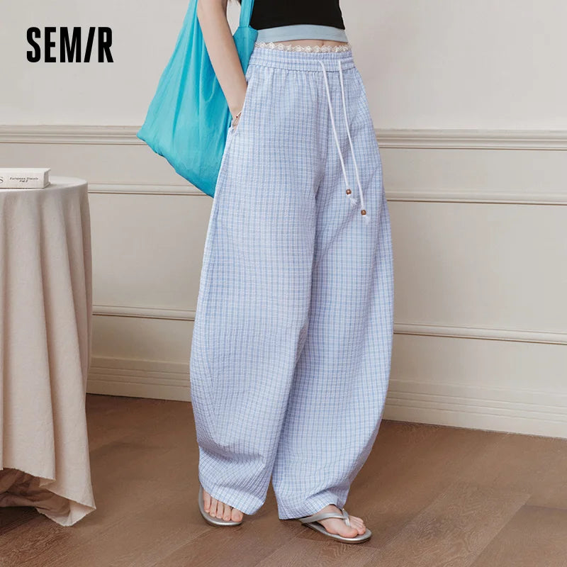Semir Women Pants Textured Plaid Lace Trim Elastic Waist Loose Curved Summer 2026 Casual Long Trousers Bottoms Wear
