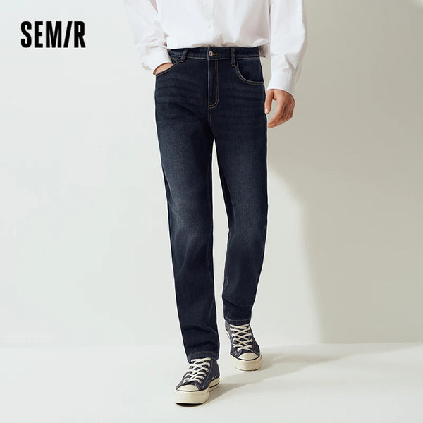 ខោខូវប៊យបុរស Semir មានស្រទាប់ក្រណាត់ Fleece Stretch Fit Whisker Distressed Wash 2026 Vintage Warm Urban Casual Denim Pants Semir Men Jea