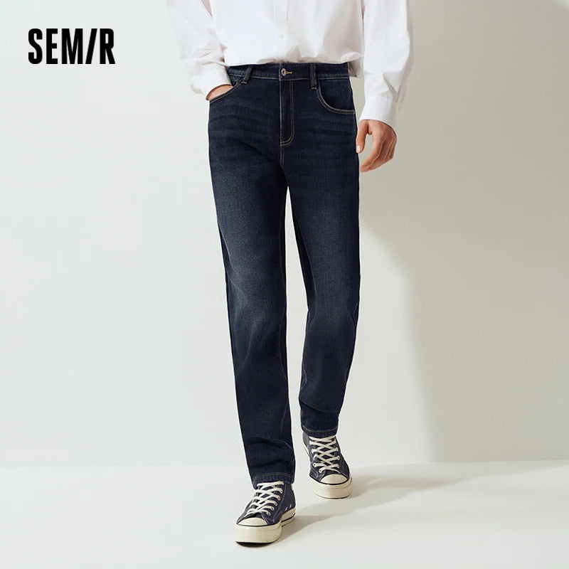Semir Men Jeans Fleece Lined Stretch Tapered Fit Whisker Distressed Wash 2026 Vintage Warm Urban Casual Denim PantsSemir Men Jea