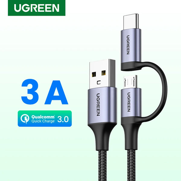 ខ្សែសាកលឿន UGREEN 2-in-1 Type-C USB-C & Micro USB Data Cable សម្រាប់ Samsung iPhone 17 Xiaomi iPad Fans Kindle