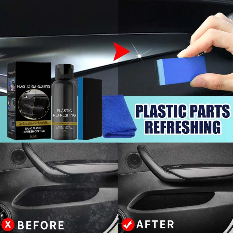 SEAMETAL 50ml Car Plastic Refreshing Coating Agent Set Nano Plastic Refurbish Agent with Sponge Cloth for Car Accessories