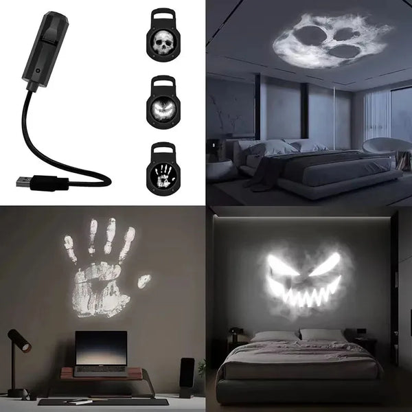 ភ្លើងបញ្ចាំង USB អាចបង្វិលបាន ចង្កៀងបញ្ចាំងរូបភាព Halloween Christmas Projector LED លលាដ៍ក្បាលខ្មោចល្ពៅ សម្រាប់ពិដានពិធីជប់លៀង