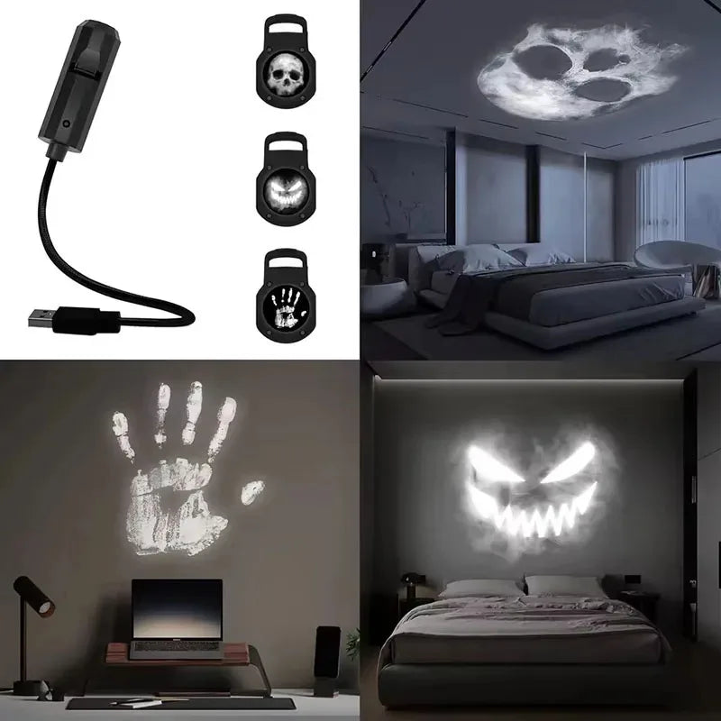 ភ្លើងបញ្ចាំង USB អាចបង្វិលបាន ចង្កៀងបញ្ចាំងរូបភាព Halloween Christmas Projector LED លលាដ៍ក្បាលខ្មោចល្ពៅ សម្រាប់ពិដានពិធីជប់លៀង