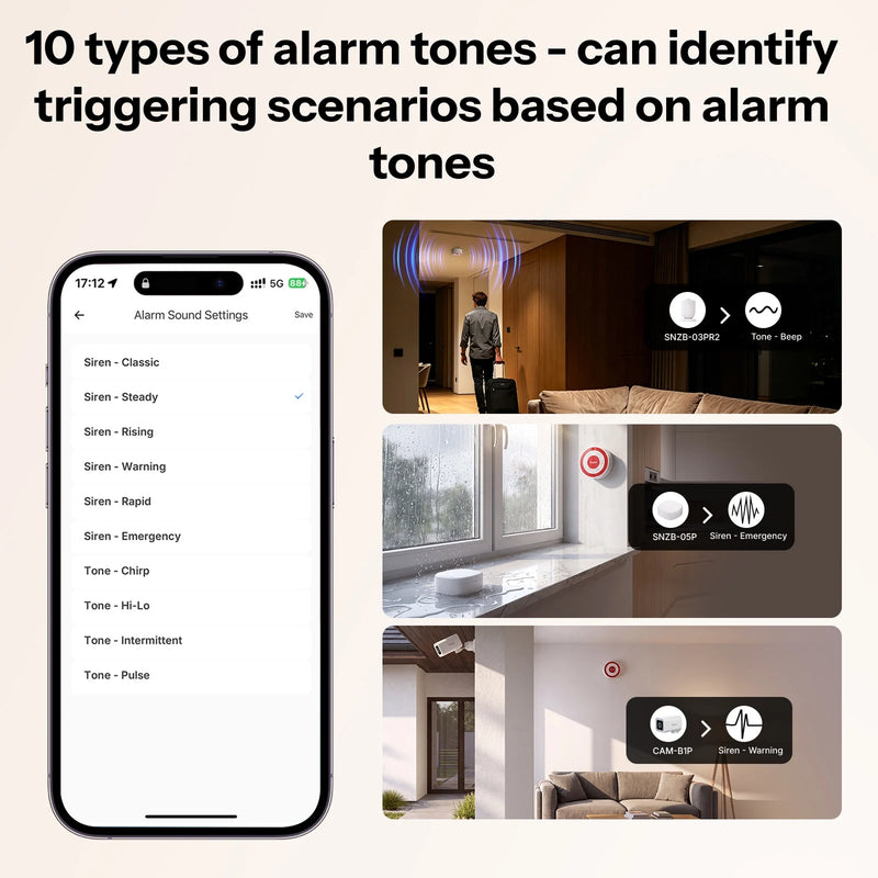 SONOFF SNZB-09P Zigbee SenseGuard Indoor Siren 105dB Loud Alarm Sound & Red Light Alerts USB & Backup Battery Dual Power Supply
