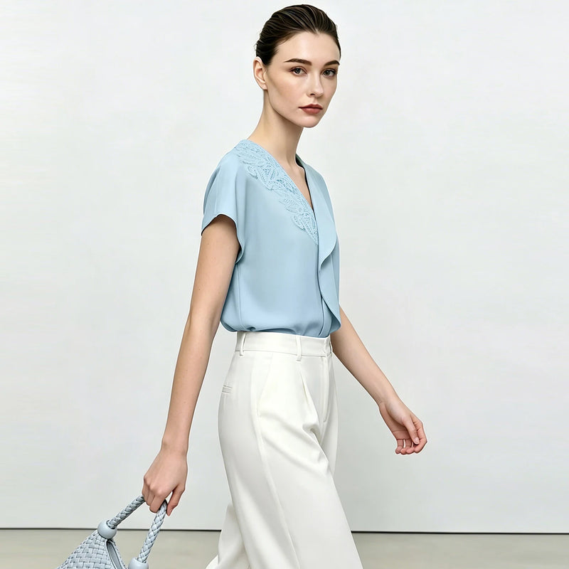 Amii V-Neck Women's Blouse 2026 Summer New Elegant Ruffle Chiffon Top Loose Fit Short Sleeve Office Shirt For Women 12622070